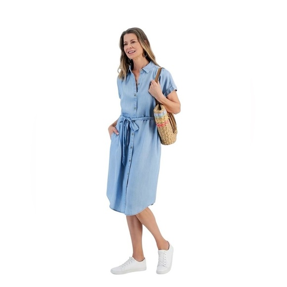 Style & Co. Petite Lightwash Chambray Denim Shirt Dress Blue Belted SP - Picture 1 of 8